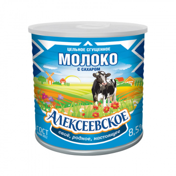 Молоко цельное сгущенное с сахаром 8,5% 360г, Алексеевское